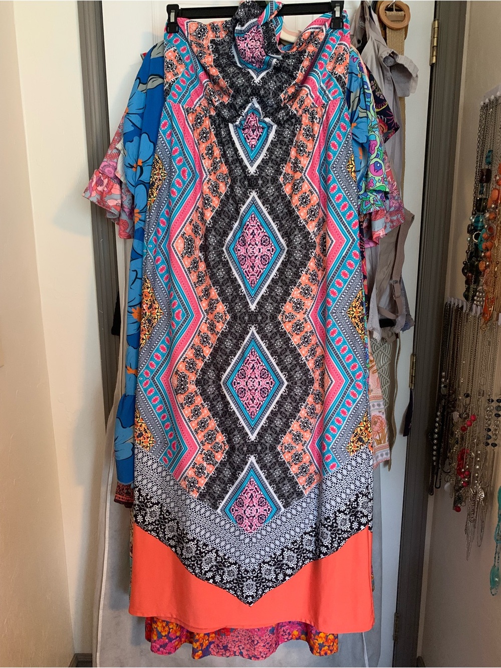 Vibrant Geometric Maxi Halter Dress - Coral, Turquoise & Black